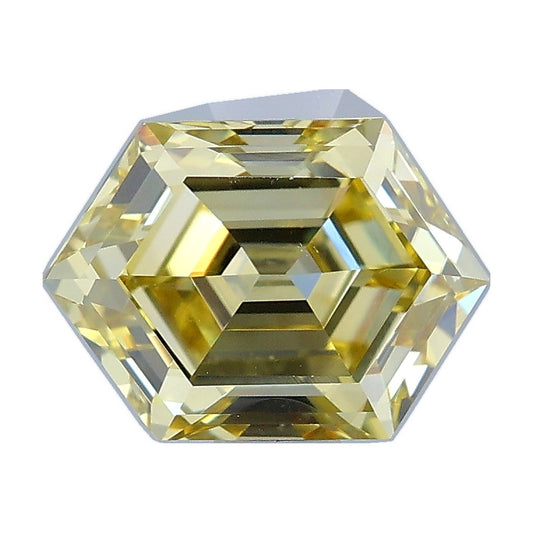 1.02 ct elongated hexagon lab-grown diamond, fancy intense yellow, VS1 clarity, IGI certified, still from its 360° video