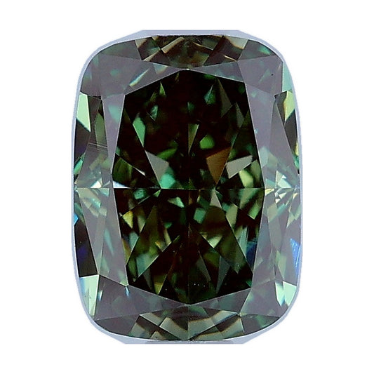 1.17 ct elongated cushion lab-grown diamond, fancy deep green, VS1 clarity, IGI certified, still from its 360° video