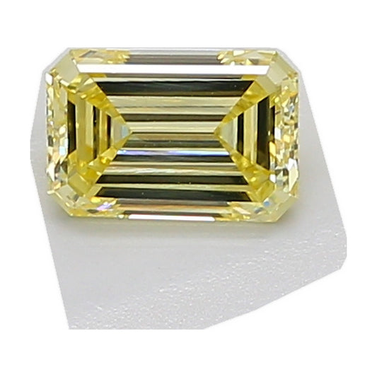 1.28 ct emerald lab-grown diamond, fancy yellow, VVS2 clarity, IGI certified, still from its 360° video