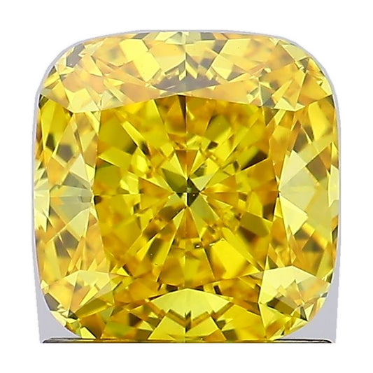 1.42 ct cushion lab-grown diamond, fancy vivid yellow, VS2 clarity, IGI certified, still from its 360° video