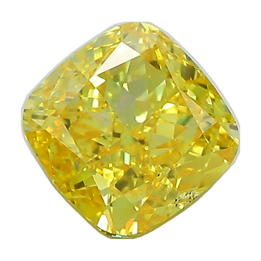 1.56 ct cushion lab-grown diamond, fancy vivid yellow, VS2 clarity, IGI certified, still from its 360° video