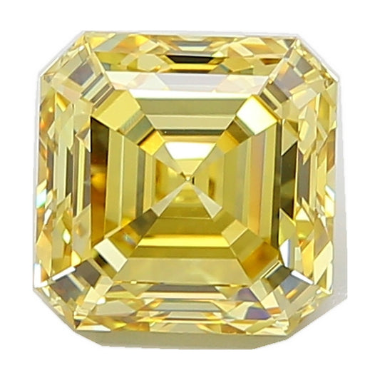 5.02 ct asscher lab-grown diamond, fancy intense yellow, VS1 clarity, IGI certified, still from its 360° video