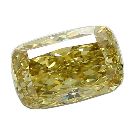 6.20 ct elongated cushion lab-grown diamond, fancy intense yellow, VVS2 clarity, IGI certified, still from its 360° video